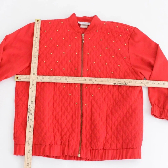 Vintage Megan Moore Red with Gold Bead Stud Zip Up Bomber Jackets Size  8 - Picture 4 of 11